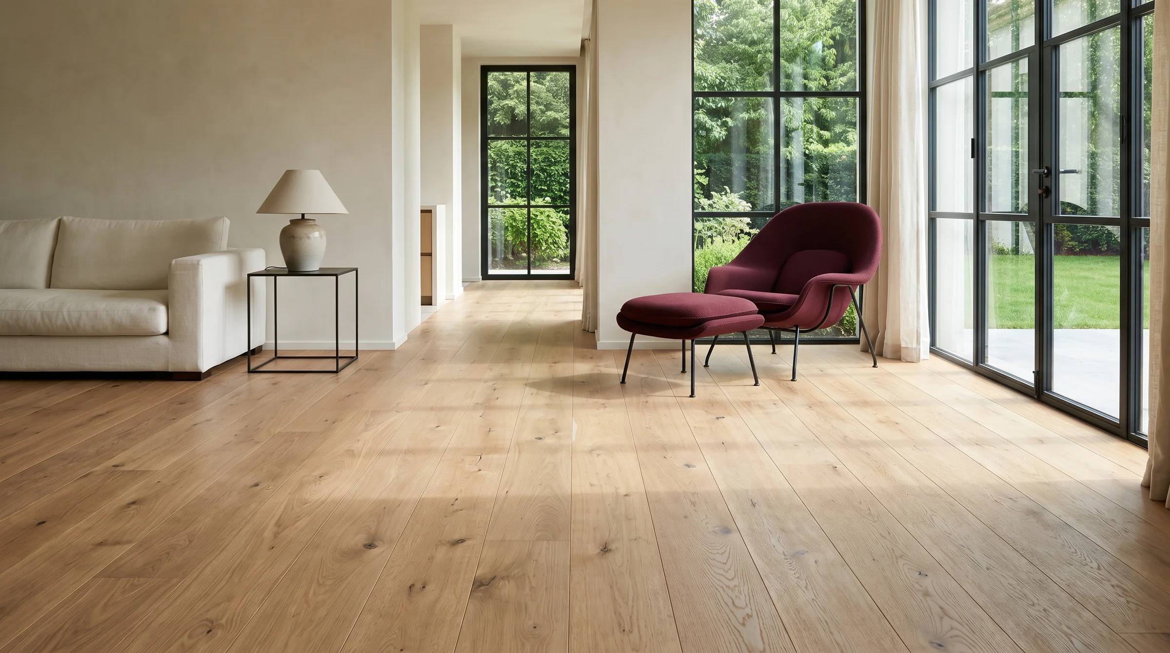 Bright living room with natural oak flooring, architectural inspiration