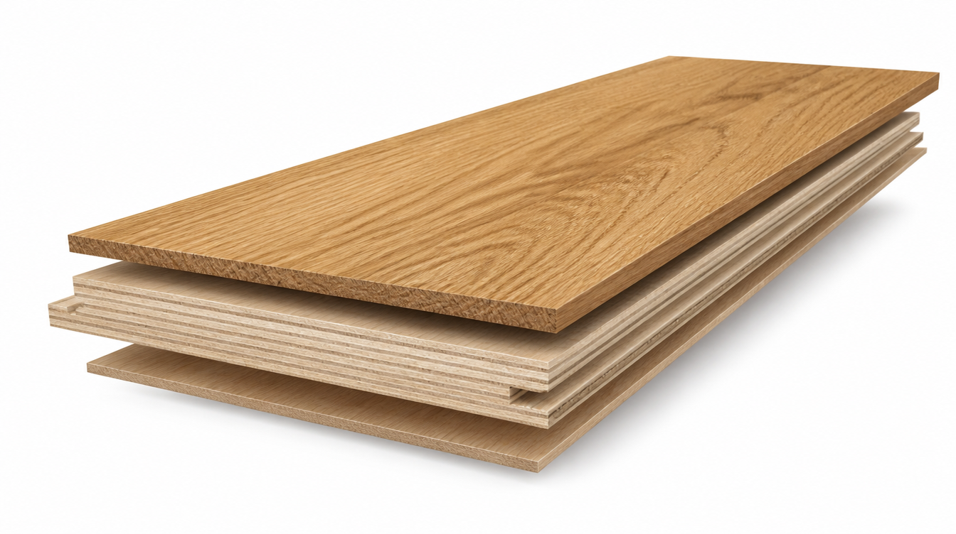 Illustration générée par IA d'une lame générique de parquet contrecollé montrant une couche supérieure de bois et une âme multicouche séparées pour la lecture