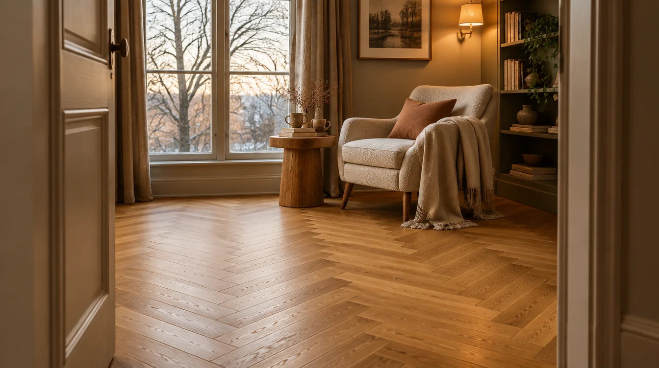 Intérieur chaleureux avec parquet naturel en chêne et matières textiles, illustrant le confort d’hiver