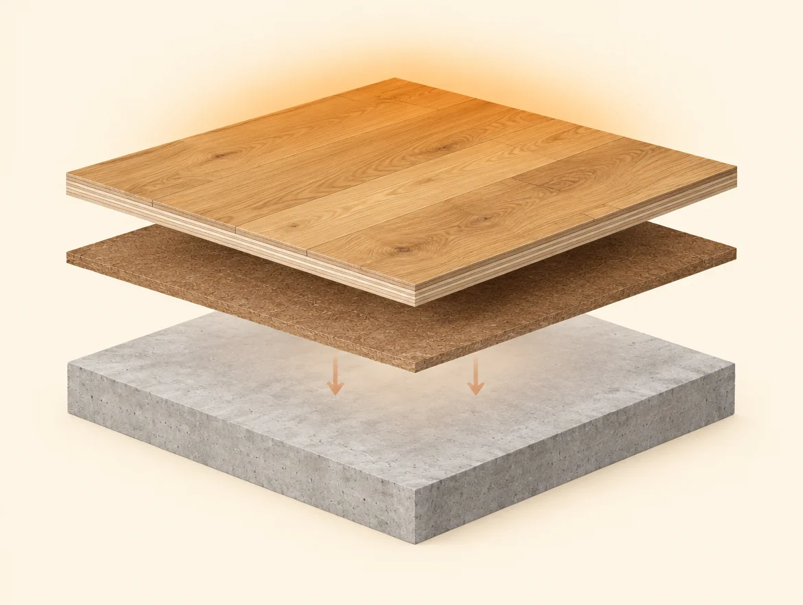 Schéma illustratif d’un parquet sur couche isolante et support, représentant une limitation du transfert de chaleur vers le bas