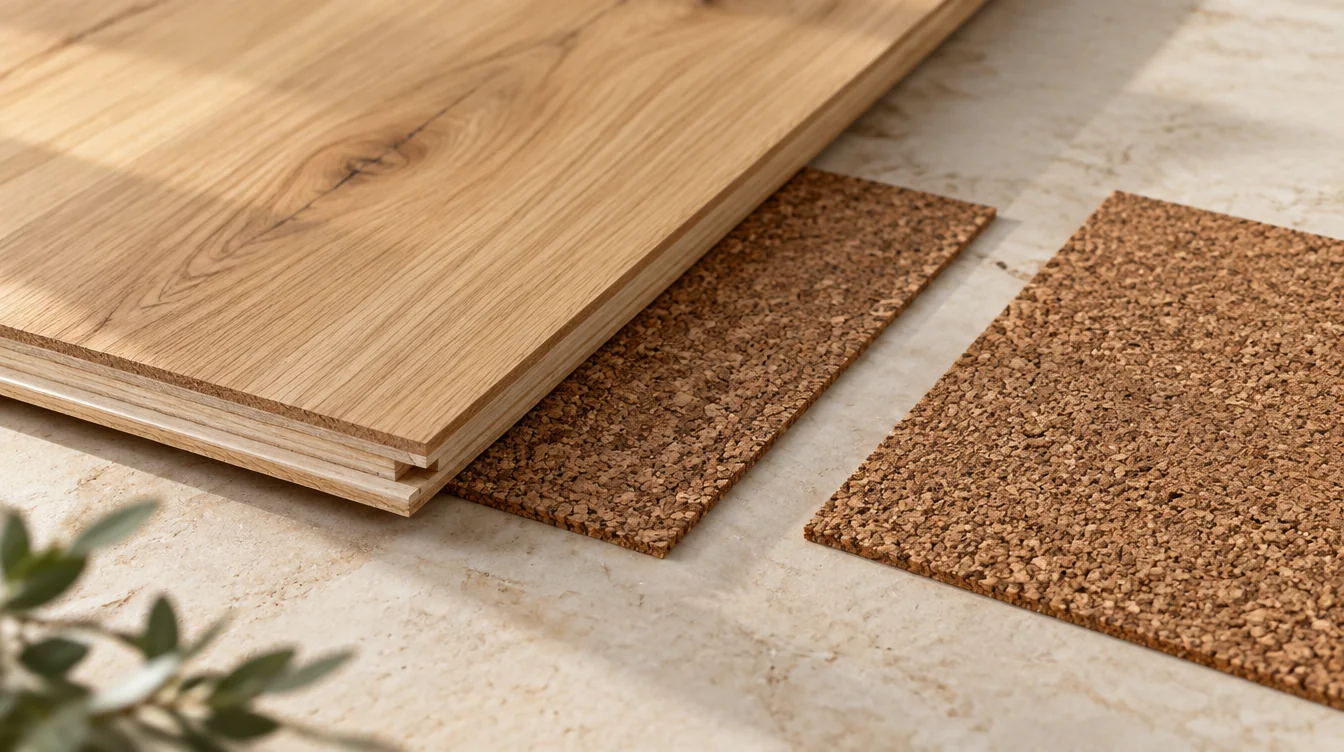 Échantillons de parquet en chêne naturel et de sous-couche en liège brun montrant leurs textures