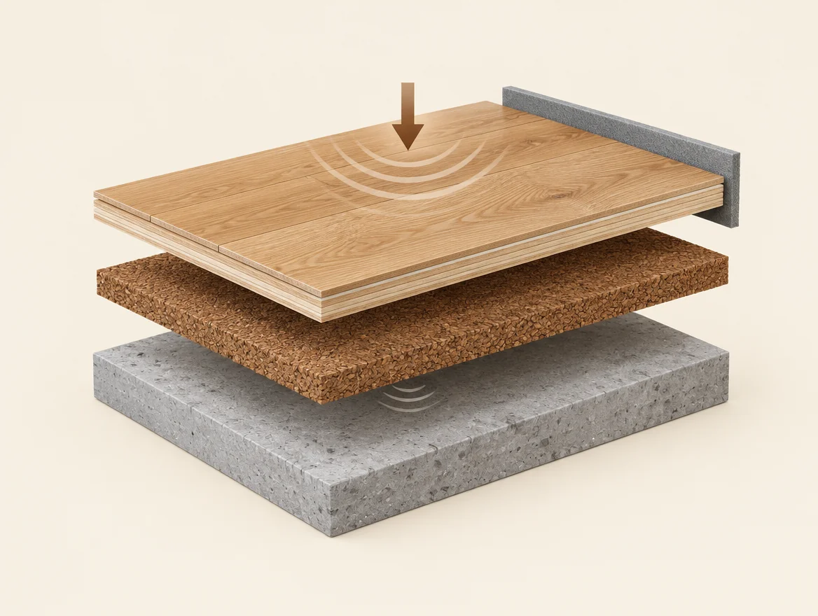 Schéma de principe d’un parquet sur sous-couche en liège illustrant l’atténuation des vibrations d’impact et la désolidarisation périphérique