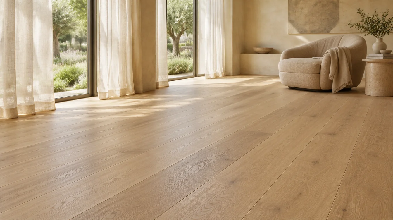 Ambiance estivale lumineuse avec parquet en chêne naturel et fenêtres ombragées