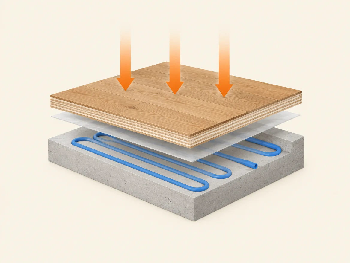 Schéma illustratif du transfert de chaleur de la pièce vers un parquet et une chape avec circuit de rafraîchissement